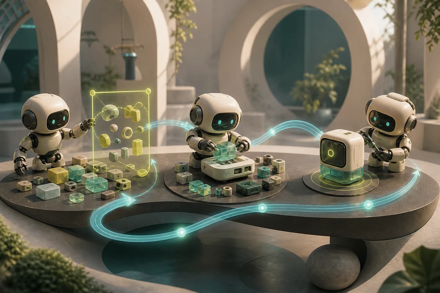 Three friendly builder robots frame, assemble, and test a modular product inside a continuous feedback loop.