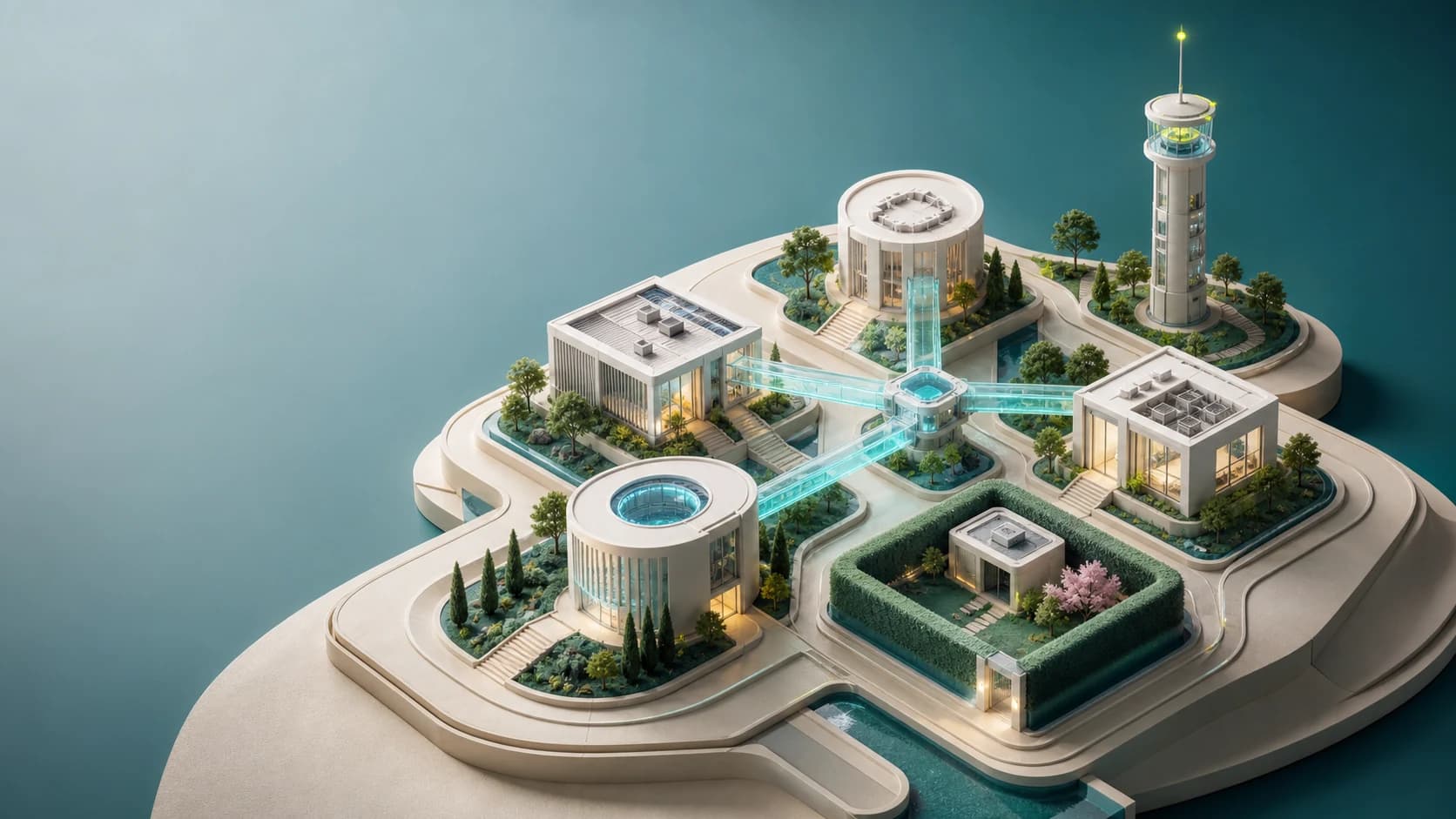 A modular systems campus with distinct service pavilions, visible data paths, an isolated maintenance courtyard, and an observability tower.